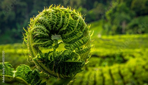 Close-up of unfolding fern frond, verdant tea plantation in background