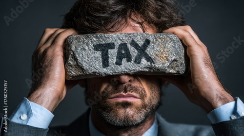 A man in a suit holds a stone labeled 