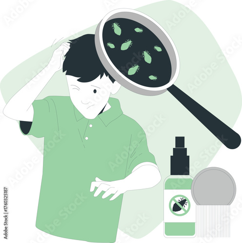 Boy scratching head looking at lice through magnifying glass with treatment spray head lice infestation