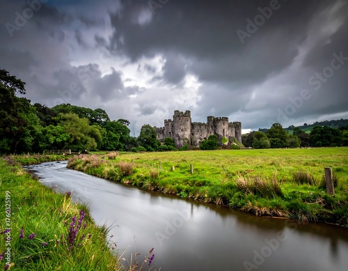 Fototapeta Naklejka Na Ścianę i Meble -  A stone structure sits amidst a vibrant landscape with a flowing river beneath dramatic, cloudy skies