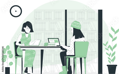 Two women studying at a table in a library with bookshelves education learning