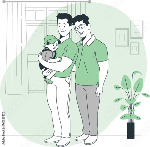 Two men and a baby in a home setting with plants and artwork family gay couple