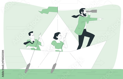 Business team rowing paper boat towards future with leader looking through spyglass leadership teamwork