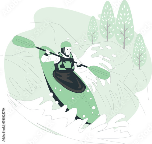 Person kayaking through whitewater rapids with trees and rocks river