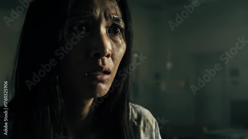 Closeup of Woman with Long Dark Hair Looking Thoughtful in Low Light Atmosphere