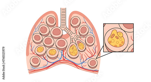 Anatomical illustration of lungs affected by pulmonary echinococcosis, showing multiple hydatid cysts and a magnified view.