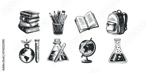 Set of school supplies and science equipment