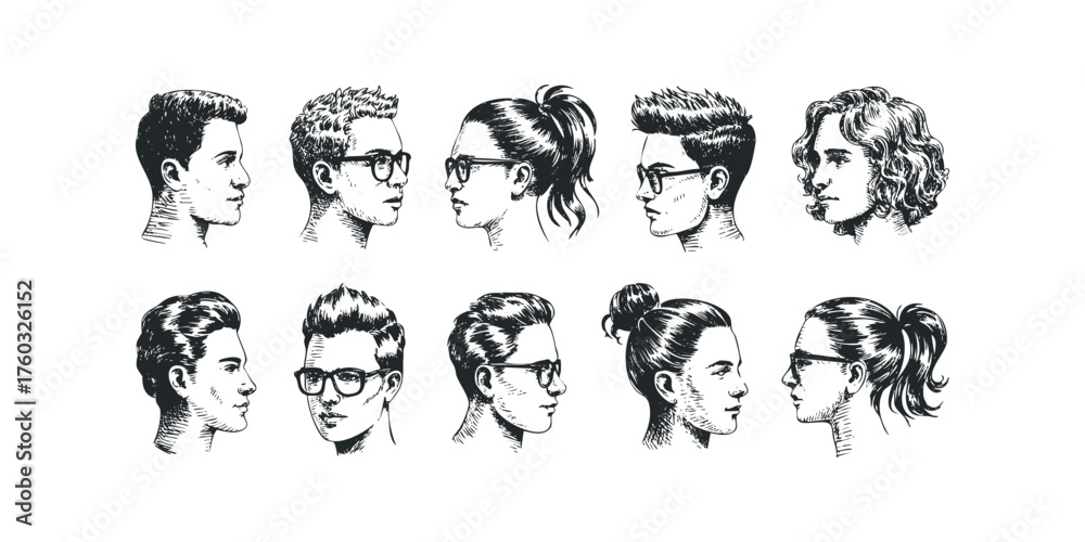 Fototapeta premium Collection of Black and White Head Profiles Diverse Hairstyles and Glasses
