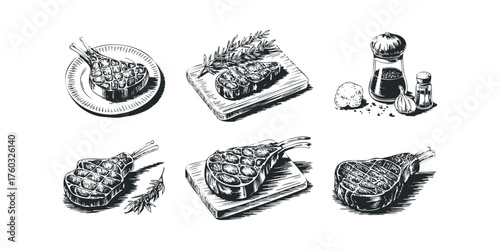 Collection of Raw Meat Cuts with Seasonings and Herbs