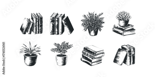 Collection of Sketches: Books and Potted Plants