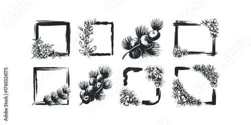 Collection of hand drawn floral and branch square frames