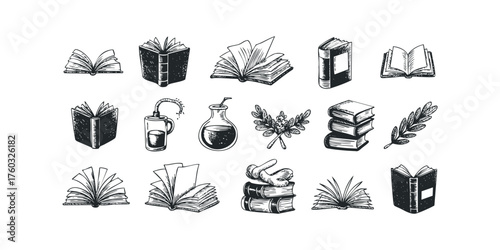 Hand Drawn Collection of Various Open and Closed Books