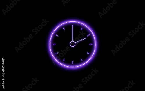 Striking purple neon clock face glows against a dark background, symbolizing punctuality and modern timekeeping.