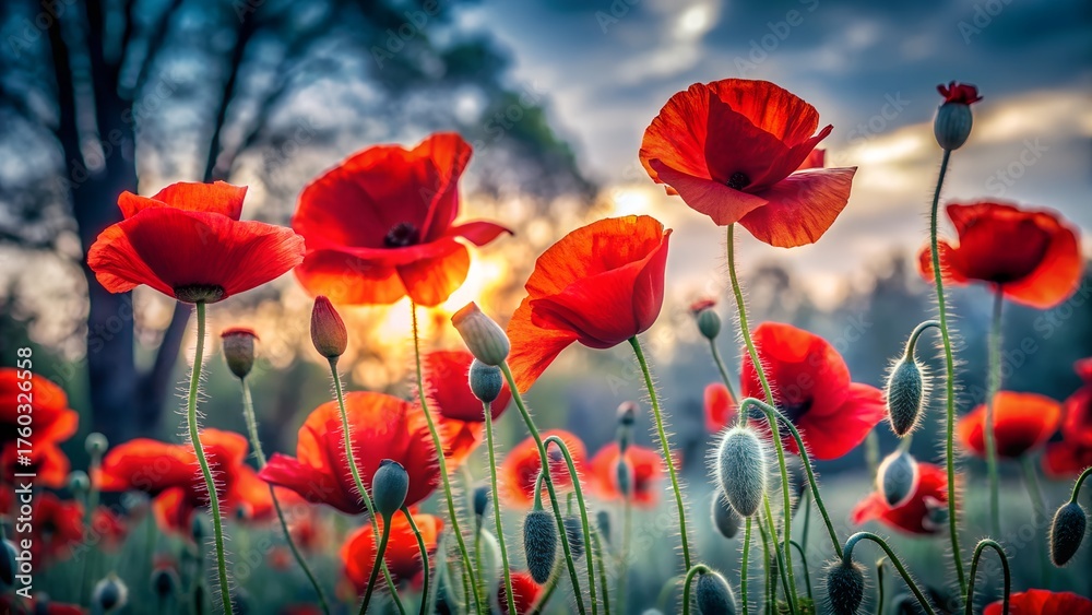 Obraz premium Sunlit poppies in a field create a warm and inviting natural landscape scene