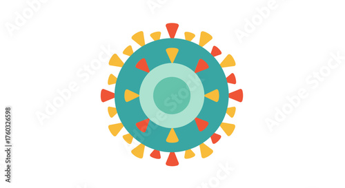 Illustration of a virus particle, showing the outer spikes and internal structure, isolated on white.