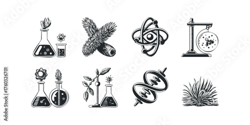 Set of scientific icons with plants and atomic models