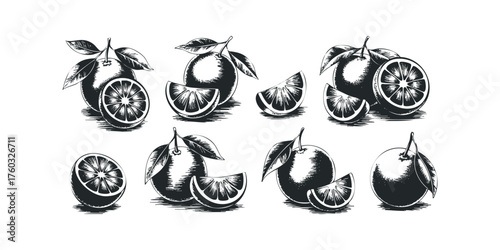 Orange fruit whole and sliced with leaves