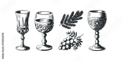 Engraved glassware and botanical elements for decorative use
