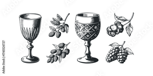 Ornate Glassware and Berry Branches Sketch