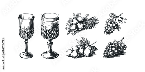 Engraved Vintage Wine Glasses and Fruit Clusters