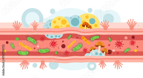 Illustration of bacteria, viruses, and fungi in a blood vessel.
