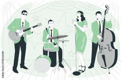 Jazz band performing on stage with a singer guitarist drummer and double bass player music performance