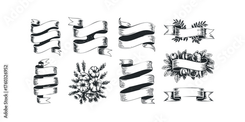 Collection of Hand Drawn Ribbons and Floral Embellishments