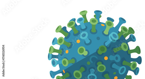 A detailed illustration of a virus particle with a blue core and green spikes.