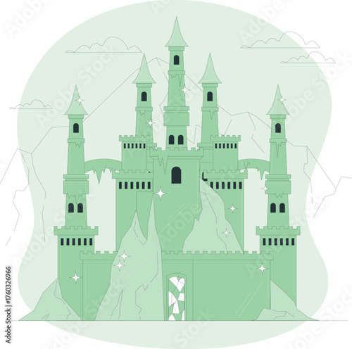 Fantasy ice castle on a mountain with sparkling effects winter snow