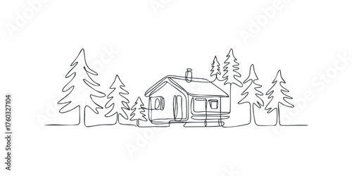 Minimalist Cabin Surrounded by Pine Trees Continuous Line Drawing