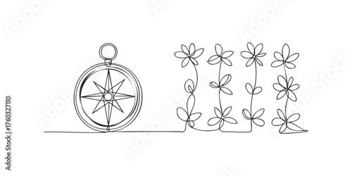 Continuous Line Drawing of Compass and Flowers