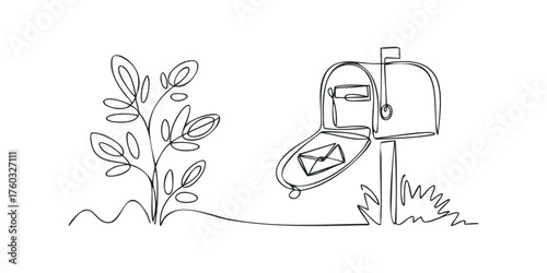 Continuous Line Drawing of a Mailbox with Envelope and Plant