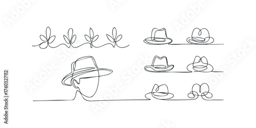 Single line drawing of fedora hats and leaves