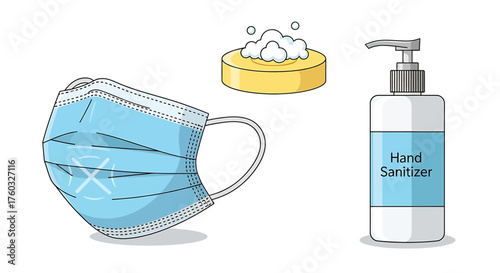 Image features a blue face mask, soap, and a bottle of hand sanitizer, promoting hygiene.