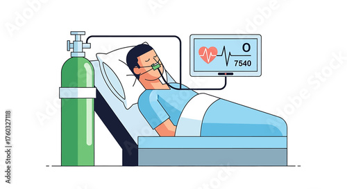 Illustration of a patient in a hospital bed with oxygen and a heart monitor.