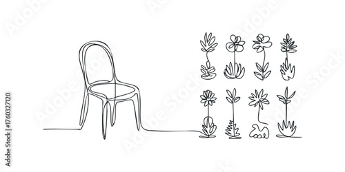 Minimalist Line Art Chair and Floral Arrangements