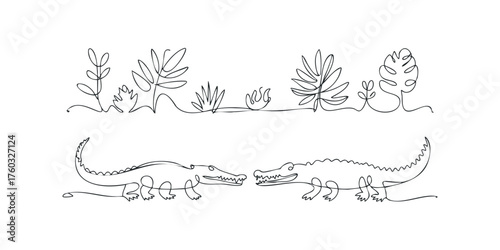 Two crocodiles facing each other with plants