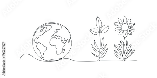 Continuous line drawing of the planet Earth with growing plants