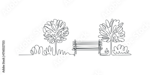 Continuous Line Drawing of Park Bench and Trees