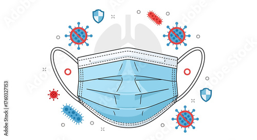 A medical face mask is depicted in the center, surrounded by illustrations of viruses, bacteria, and protective shields, with lungs visible in the background.