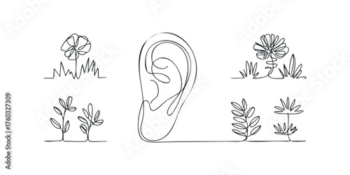 Continuous line drawing of an ear surrounded by plants