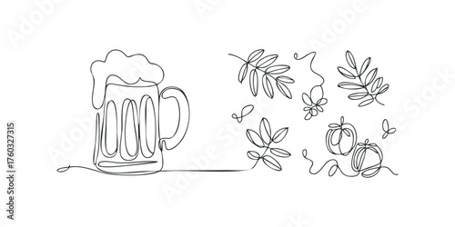 Minimalist line drawing of a frothy beer mug and foliage