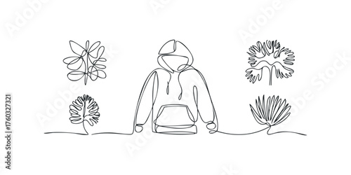 Continuous Line Drawing of Hoodie and Floral Motifs