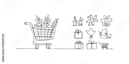 Minimalist single line drawing shopping cart with gifts and plants