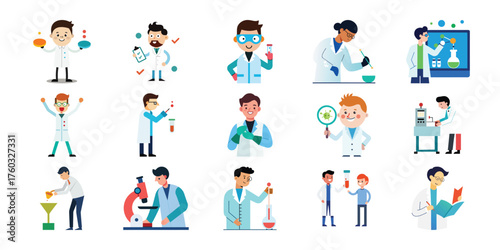 Diverse group of scientists and researchers in a laboratory setting performing various experiments and research activities