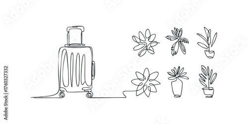 Continuous Line Drawing of Luggage and Potted Plants