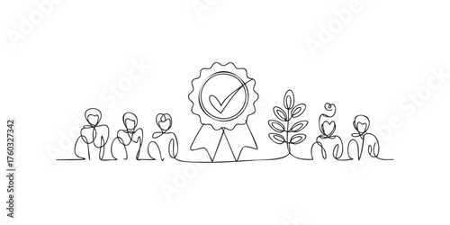 Group celebrating achievement with award and checkmark