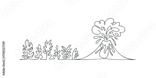 Volcano erupting with plant life nearby