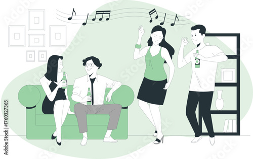 Friends enjoying a party with drinks and music at home celebration gathering