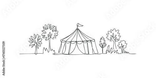 Minimalist Circus Tent and Trees Continuous Line Drawing